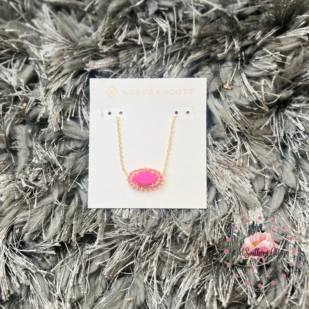 Elisa Gold Color Burst Frame Short Pendant Necklace in Neon Pink Magnesite