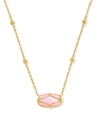 Elisa Lattice Frame Gold Short Pendant Necklace in Blush Ivory Mother of Pearl