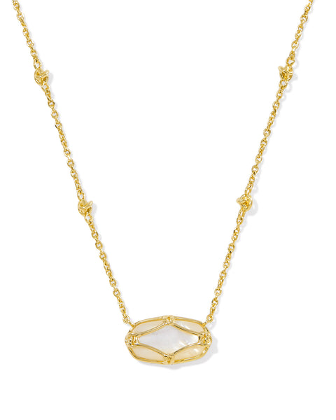 Our iconic shape gets a delicate upgrade in the Elisa Lattice Frame Gold Short Pendant Necklace in Ivory Mother of Pearl. Featuring intricate lattice-inspired metalwork and a luminous ivory mother-of-pearl center, this necklace brings artistic elegance to any look. Whether worn solo or layered in a stack, it’s a timeless piece you'll reach for again and again.