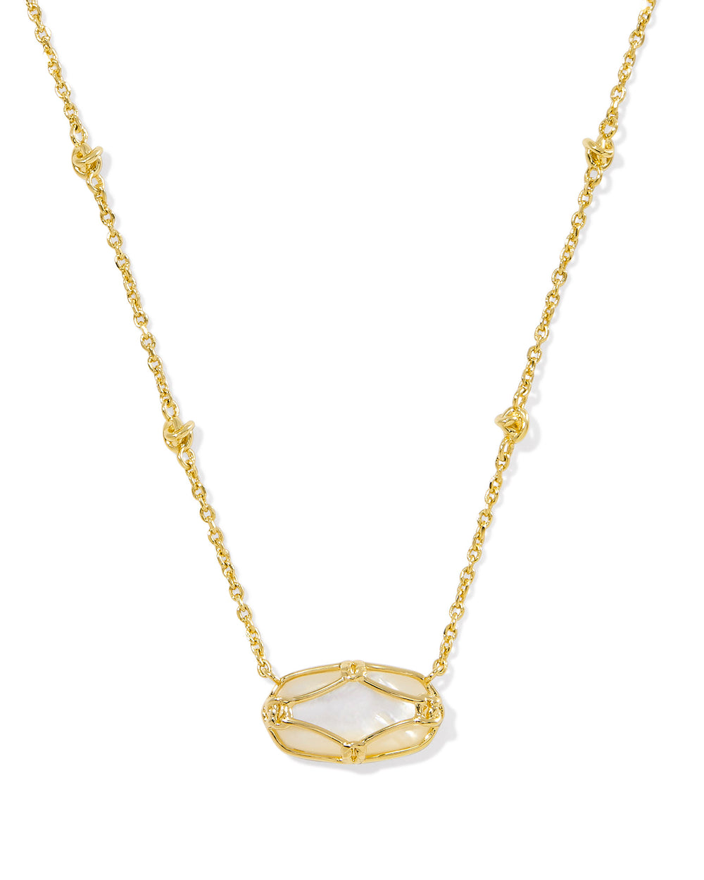 Our iconic shape gets a delicate upgrade in the Elisa Lattice Frame Gold Short Pendant Necklace in Ivory Mother of Pearl. Featuring intricate lattice-inspired metalwork and a luminous ivory mother-of-pearl center, this necklace brings artistic elegance to any look. Whether worn solo or layered in a stack, it’s a timeless piece you'll reach for again and again.