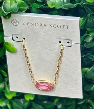 Elisa Luxe Short Pendant Necklace Gold Light Pink with oval cubic zirconia on gold paperclip chain.