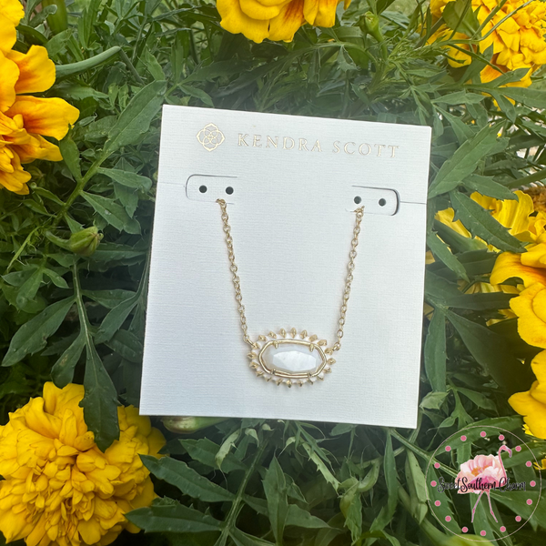 Elisa Silver Color Burst Frame Short Pendant Necklace in White Mother-of-Pearl