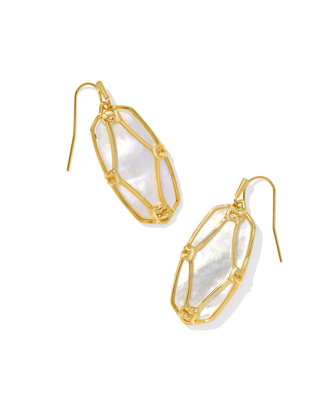 Elle Lattice Frame Gold Drop Earrings in Ivory Mother of Pearl

Our iconic, eye-catching Elle earrings just got an artistic upgrade. The Elle Lattice Frame Gold Drop Earrings in Ivory Mother of Pearl feature a brand-new metalwork design inspired by the delicate texture of lace. Framed in refined gold, the ivory mother-of-pearl stones shimmer with elegance, making these a standout addition to any collection. Bold yet timeless, they bring the perfect balance of color, craftsmanship, and stat