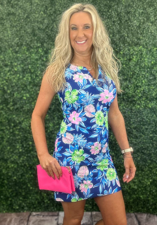 Emma Split Neck Dress - Navy Hawaiian Floral