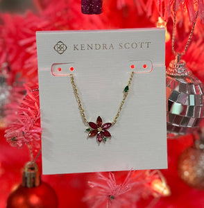 Poinsettia Gold Pendant Necklace in Red Mix