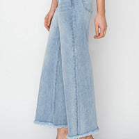 High-Rise Crop Wide Fray Jeans - Light Wash