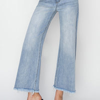 High-Rise Crop Wide Fray Jeans - Light Wash