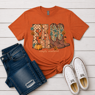 The t-shirt features a 'FALL' western-themed graphic with patterned letters, cowboy boots, a pumpkin, and the text 'simply southern'. The "L" in fall are replaced with cowboy boots