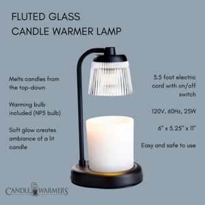 Enjoy the cozy glow and beautiful scent of your favorite candle—without the flame! Our Fluted Glass Candle Warmer Lamp uses top-down warming technology to gently melt the candle from above, releasing fragrance quickly, cleanly, and safely. The elegant fluted glass shade adds a sophisticated touch to any space, while the clear design allows light and warmth to shine through beautifully.

Perfect for creating ambiance without the worry of open flames, soot, or toxins—just pure, instant fragrance.