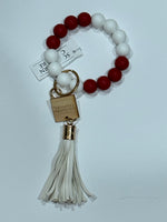 Silicone Beaded Bracelet Key Chain-Crimson/White
