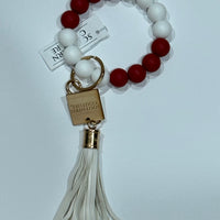 Silicone Beaded Bracelet Key Chain-Crimson/White