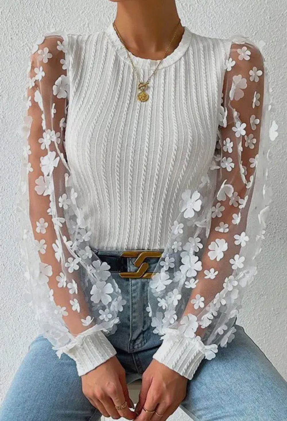 White Mesh Sleeve Top