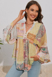 Paisley Print Bell Sleeve Lace V Neck Top