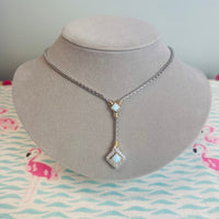 N5627-A6F3 Blue Opal Square Pave Y Necklace Rhodium