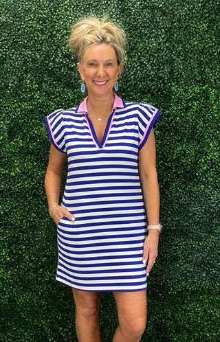 Blue Striped Ruffle Sleeve Dress