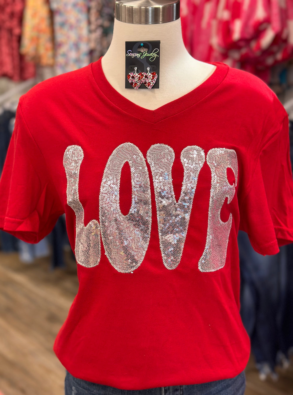 LOVE V Neck Sequin Tee