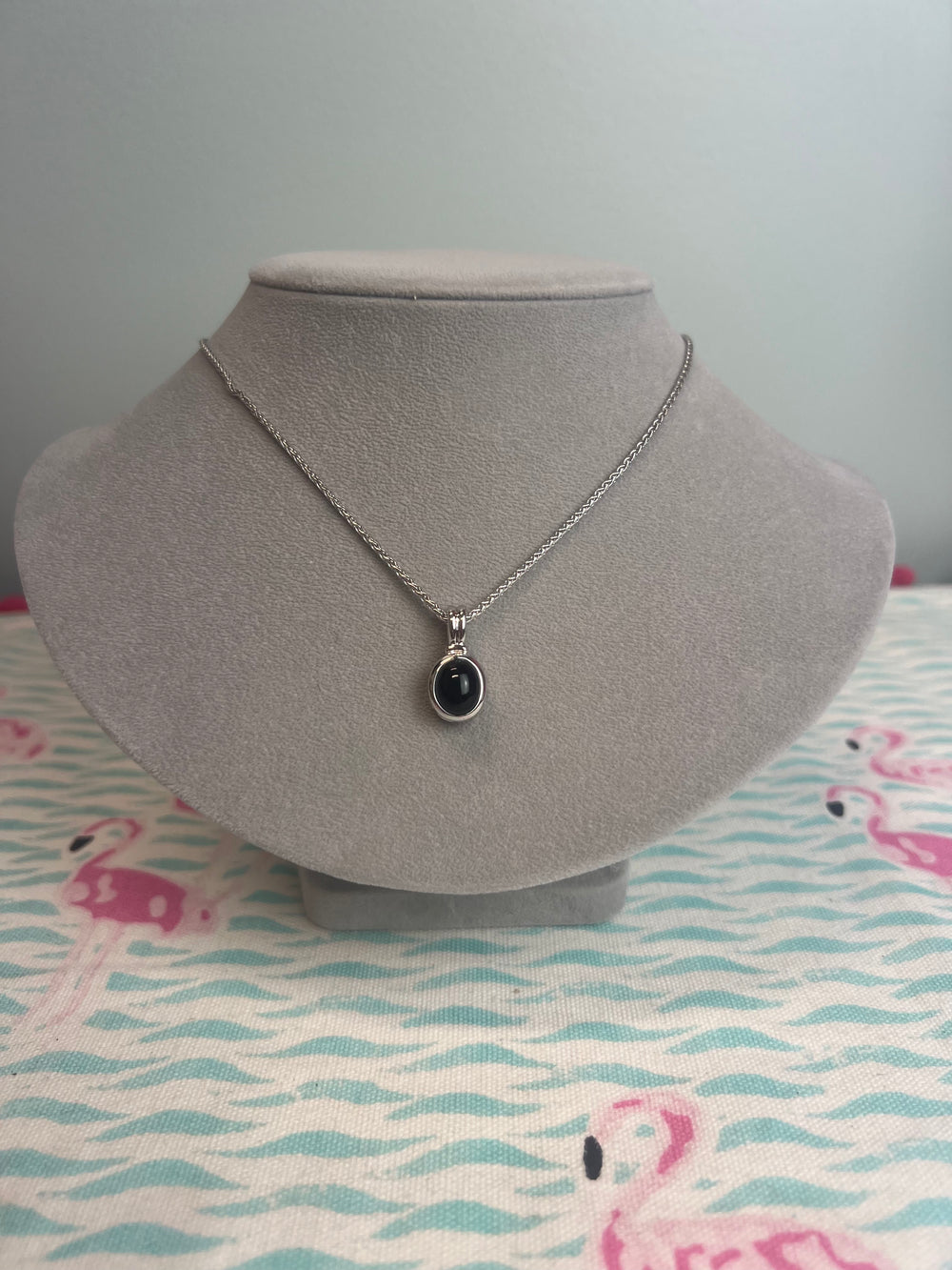 K5701-R503 Black Onyx Oval Drop Necklace Rhodium