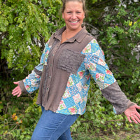 Charcoal Ribbed Top with Floral Detail