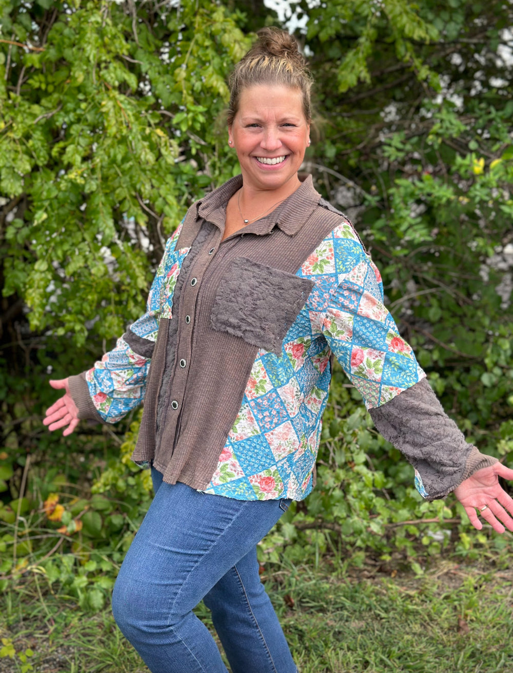 Charcoal Ribbed Top with Floral Detail