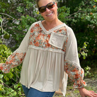 Oatmeal Floral V-neck Top