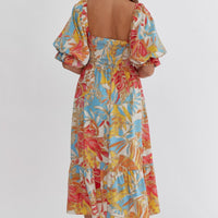 Tropical Printed Square Neck Midi Dress