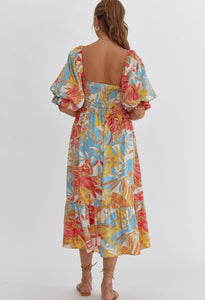 Tropical Printed Square Neck Midi Dress