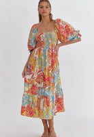 Tropical Printed Square Neck Midi Dress
