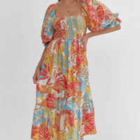 Tropical Printed Square Neck Midi Dress