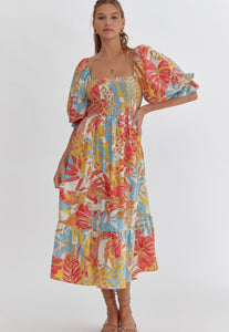 Tropical Printed Square Neck Midi Dress