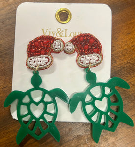 Green Acrylic Santa Turtle Earrings