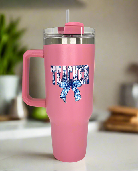 40oz tumbler with handle 
teacher with bow