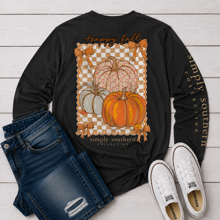 A black long-sleeve graphic shirt. The shirt features an autumn harvest design with pumpkins, bows, and the text 'Happy fall' and 'simply southern collection' on the sleeve.