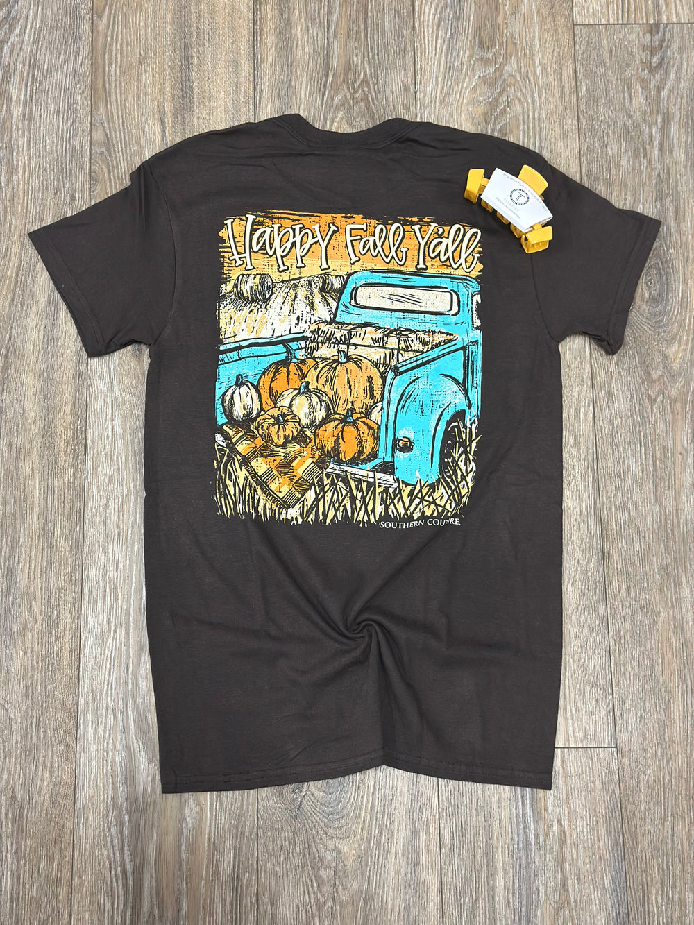 Southern Couture Happy Fall Y’all Truck short sleeve tee — true to size, soft, with back fall truck graphic. Perfect for autumn style.