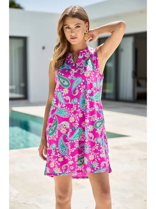 Bold, bright, and effortlessly put-together. This Dear Scarlett Lizzy tank dress makes a statement in hot pink paisley, with an A-line bodice, mandarin collar, and pleated back detail that flatters from every angle. Non-sheer, wrinkle-free, and knit for all-day comfort.
