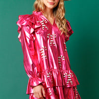 Fuchsia Holiday Candy Canes Foil Ruffle Dress