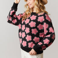 Black Shiny Pink Floral Print Sweater