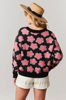 Black Shiny Pink Floral Print Sweater
