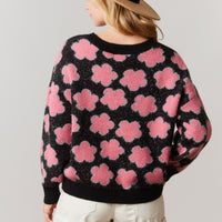 Black Shiny Pink Floral Print Sweater