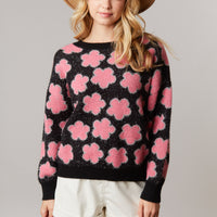 Black Shiny Pink Floral Print Sweater