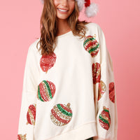 Cream Sequin Christmas Ornament Sweatshirt