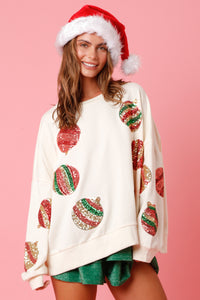 Cream Sequin Christmas Ornament Sweatshirt