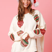 Cream Sequin Christmas Ornament Sweatshirt