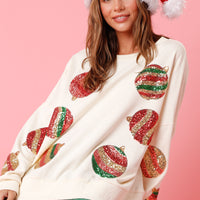 Cream Sequin Christmas Ornament Sweatshirt