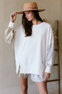 White Sequins Colorblock Loose Fit Sweatshirt