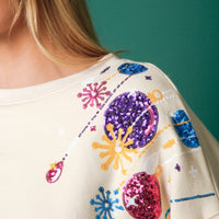 Cream Sequin Christmas Ornament Crop Sweatshirt