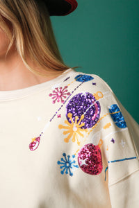 Cream Sequin Christmas Ornament Crop Sweatshirt