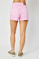 150225 Judy Blue - Light Pink Mid Rise Garment Dyed Fray Hem Shorts
