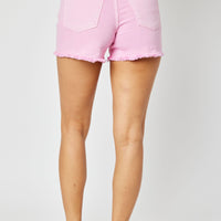 150225 Judy Blue - Light Pink Mid Rise Garment Dyed Fray Hem Shorts