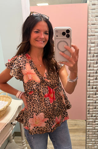 Leopard Floral V-Neck Top