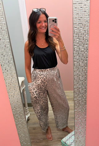 Leopard Elastic Waist Barrel Pants